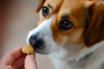 dog staring intently at a treat held just out of reach