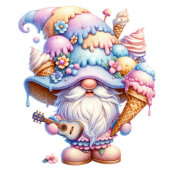Fototapeta na wymiar Cute Ice Cream Gnome Clipart | Whimsical Summer Illustration Festive Gnome Clipart with Ice Cream Cone | Fun Cartoon Character Sweet Ice Cream Gnome Cartoon Clipart | Summer Dessert Illustration