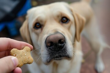 dog staring intently at a treat held just out of reach