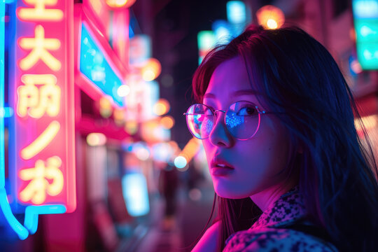 woman with glasses at night in a neon signs
