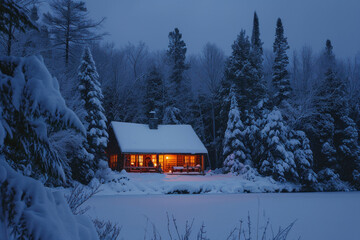 Cozy winter cabin surrounded by snow-covered trees. Winter tranquility.