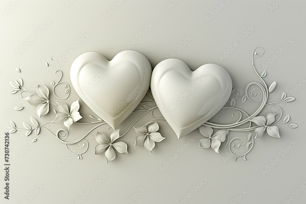 Wall mural beautiful two white hearts love line with floral isolated on elegant ornaments