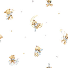 Vintage seamless pattern with teddy bears, cute design,