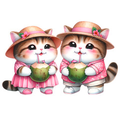 Two cute cats watercolor drinking coconut water on valentine's day.