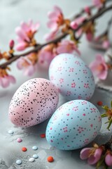 Obraz premium Easter card with colorful eggs in light colors, festive mood, Easter concept. Generative AI.