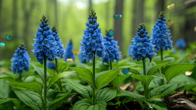 Spring scenery with blue flowers dotting the forest floor and butterflies fluttering in the morning. Seamless looping time-lapse 4k animation video background Generated AI
