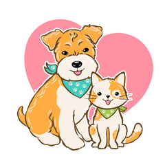 Cartoon dog and cat and heart sign, pet logo with puppy terrier and kitten smiling, vector illustration