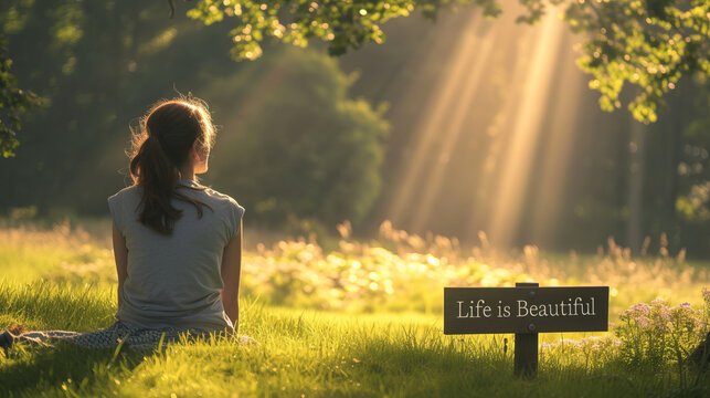 Life is Beautiful concept image with back of a peaceful woman in middle of nature and message Life is Beautiful