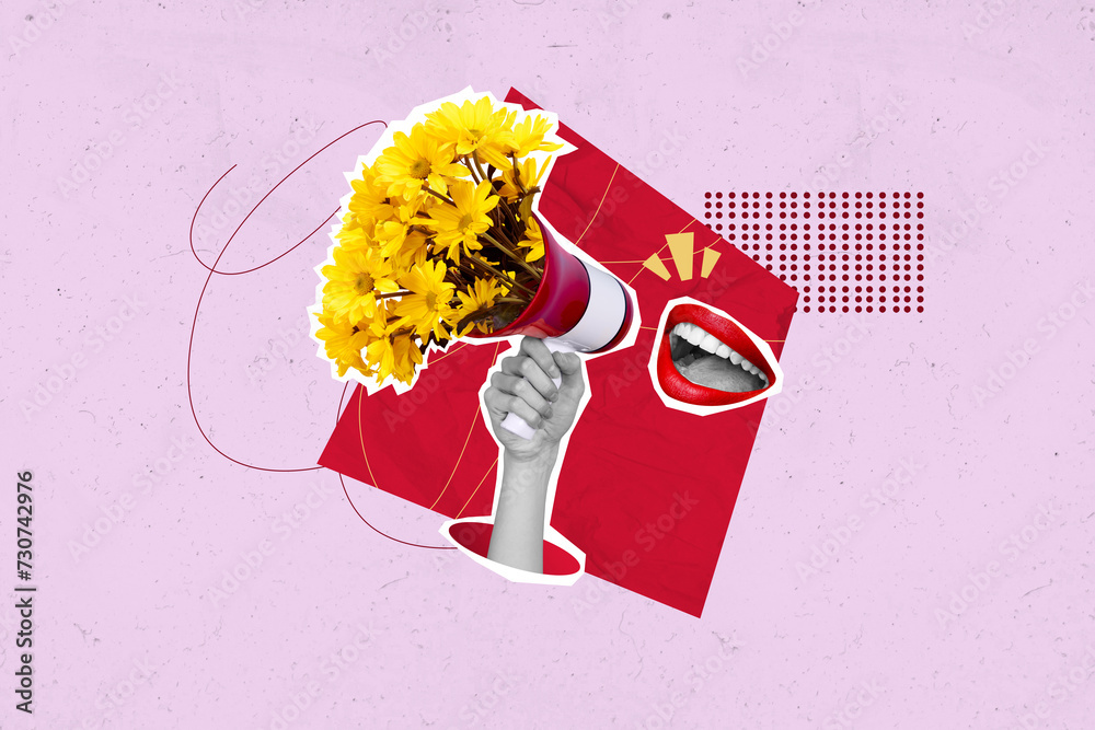 Wall mural Horizontal creative surreal photo collage of faceless woman red lips smile proclaim megaphone speech with flower bouquet on pink background