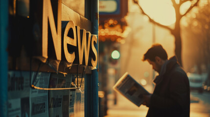 News concept image with News sign and man reading a newspaper - obrazy, fototapety, plakaty