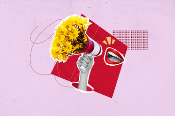 Horizontal creative surreal photo collage of faceless woman red lips smile proclaim megaphone...