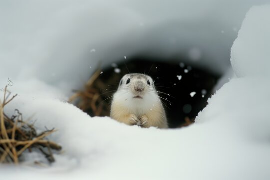lemming at the opening of an arctic burrow in the snow