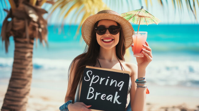 Spring break concept image with a young woman at the beach for spring break and sign