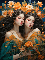 art painting of very beautiful mom and her daughter, or painting of twin sister with orange and blue flowers, gemini art