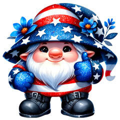 Gnome wearing cute outfit making thumb up on Independence Day. Watercolor cute gnome.  