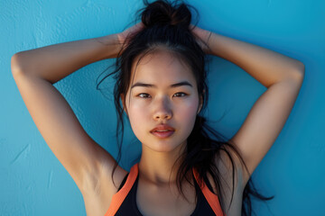 young fitness asian woman on blue background