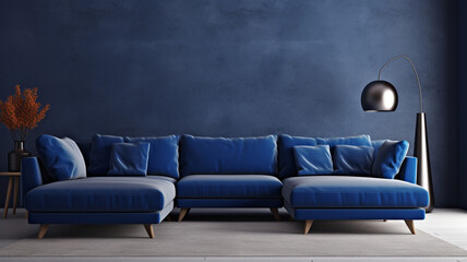 Dark blue corner sofa in a dark living room