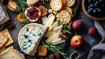 Cheese platter with blue cheese as the centerpiece. Artisanal crackers, dried fruits