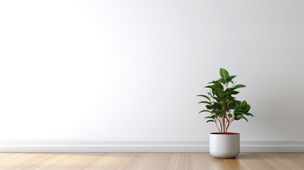 empty white room with a wooden floor and a potted plant