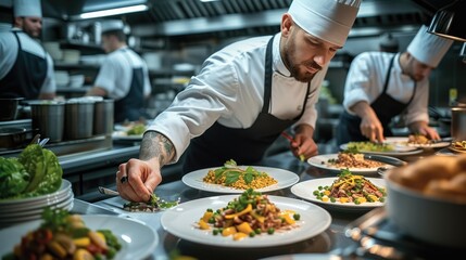 A chefs meticulously plating dishes in a high-end restaurant kitchen in action with surrounded by an array of fresh ingredient. Generative AI.