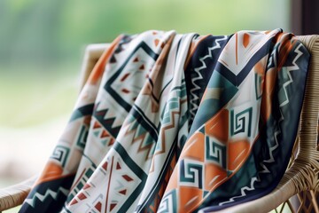 silk scarf with geometric patterns over a chair arm, a light breeze fluttering