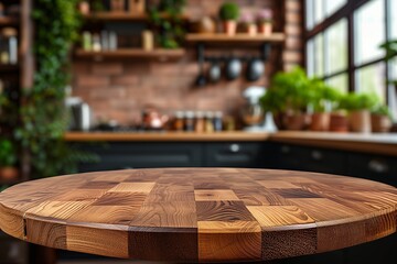 Empty beautiful round wood tabletop counter on interior in clean and bright kitchen background.