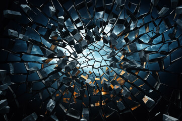 Cracked and shattered dark glass background. An abstract illustration of destruction and futuristic design, symbolizing the impact of obstacles on modern business and construction