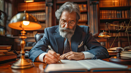 Portrait of an old man judge or lawyer in the library. Law and justice concept - obrazy, fototapety, plakaty