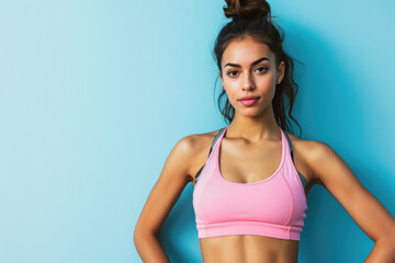young fitness woman on blue background