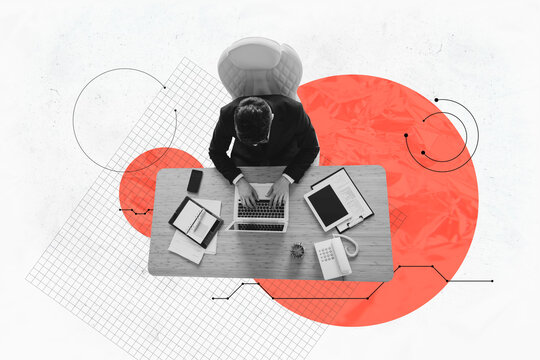 3d creative artwork template collage of top view businessperson working office isolated painting background