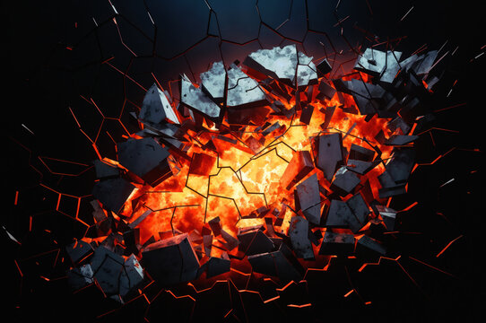 Cracked and shattered rock background. A fiery inferno of red hot heat and intense energy, capturing the raw power and danger of nature burning fury