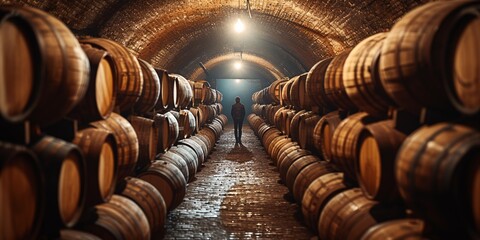 Wine Cellar Adventure: A Man Exploring the Hidden Passage of Barrels Generative AI - obrazy, fototapety, plakaty