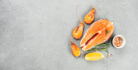 salmon shrimp with lemon, salt. Fish and seafood for lunch dinner. Healthy clean eating diet. Long banner format. top view
