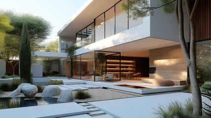 Backyard area of a modern house. Generative AI.