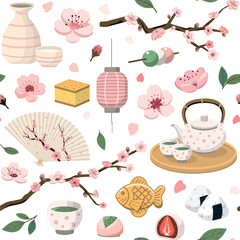Spring Cherry Blossom Viewing Picnic seamless pattern. Isolated on white background. Seasonal festive graphics