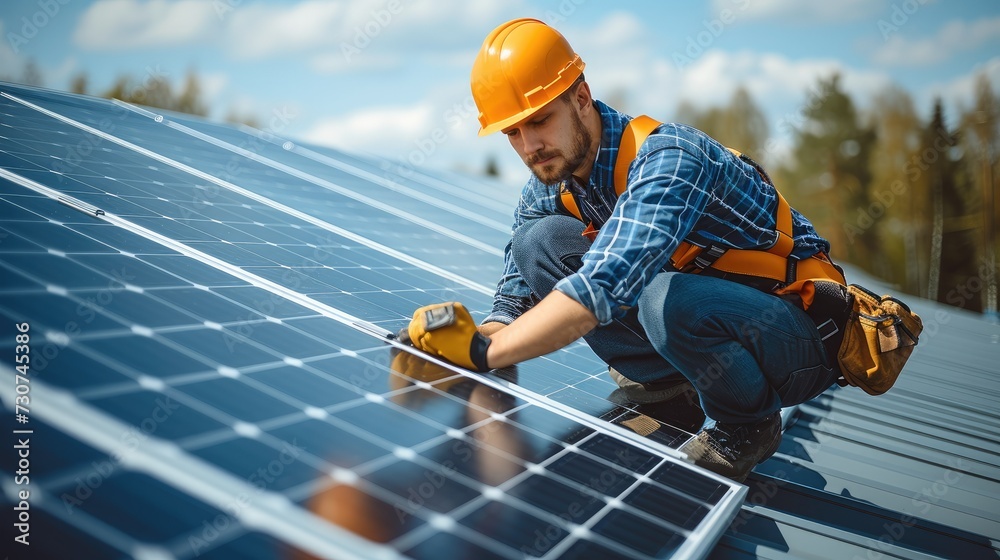 Poster man worker installing solar photovoltaic panels on roof. generative ai.