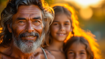 Obraz premium Elderly man with a beard smiling with two young girls outdoors during golden hour, depicting family and joy. 