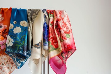 silk scarves with floral prints on a chrome stand, studio lighting