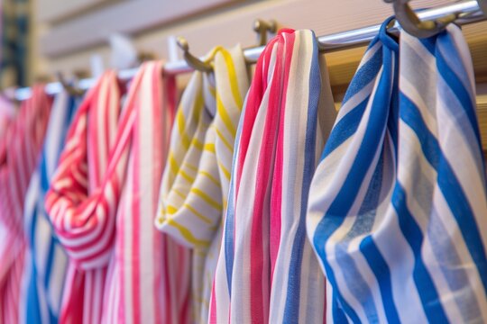 striped spring scarves hanging from hooks on a slatwall display