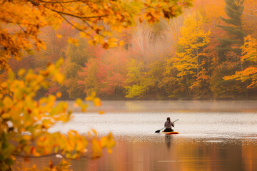 person sitting on paddleboard on a lake surrounded by fall foliage - Powered by Adobe