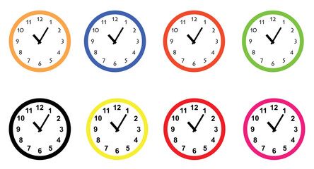 White and black wall office clock icon set. Vector design template portrait. Mock-up for branding and advertising isolated on transparent background.colorful watches