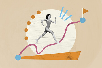 Creative photo collage young running girl fitness athlete marathon tournament challenge reach flag destination flag route marathon