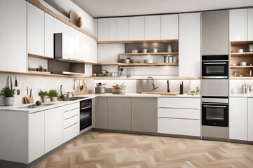 Modern kitchen interior with built-in appliances and crockery in scandinavian style