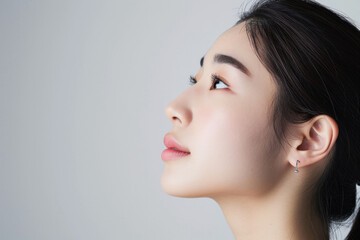 Fototapeta premium Serene young woman with minimalist jewelry looking upwards. Beauty and elegance.