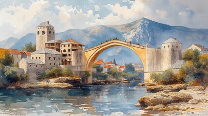 Watercolor painting of Mostar Old Bridge - obrazy, fototapety, plakaty