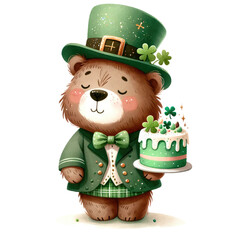 Ice St Patrick Teddy Bear Clipart: Festive Irish Holiday IllustrationCute Ice Bear St. Patrick's Day Clipart for Winter CelebrationsWhimsical St. Patrick Teddy Bear on a white isolated background.	