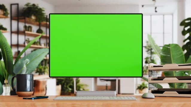 Empty blank green screen display mock-up, desktop workstation opening animation, cozy home office interior, 4k animated backdrop 