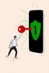 Creative vertical collage young man stealth robber try unlock phone protection guard antivirus data...