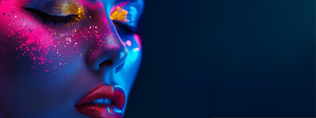 High fashion model woman's face in colorful bright neon UV blue and purple lights. Beautiful girl posing in the Studio, glowing makeup, colorful makeup. Glitter bright neon makeup. - obrazy, fototapety, plakaty