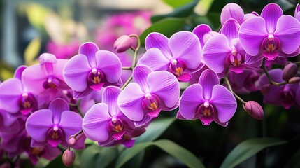 Fototapeta premium Beautiful pink purple Orchid and green leaves background in the garden, generative ai